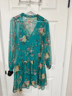 Anthropologie Maeve Teal Floral Chiffon Ruffle Mini Dress Boho Romantic XS thumbnail 7
