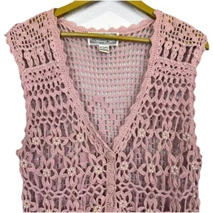 Reference Point Vintage Crochet Tank Top Long Vest Size L Pink Boho Hippie Fairy Embellished Y2K thumbnail 4