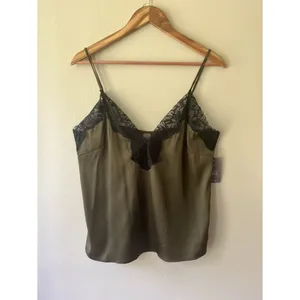 Auden Sz S Lace Trim Satin Pajama Tank Top Olive Green Pullover Cami thumbnail 2