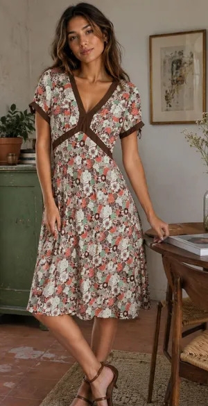 Larue Floral Brown Empire Waist Midi Dress Size-8 Authentic Y2K thumbnail 1