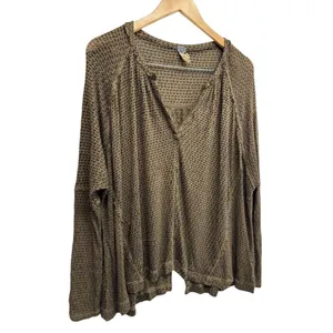 We The Free Knit Oversized Sweater Size Extra Small V‎ Neck Tan Black Slouchy thumbnail 6