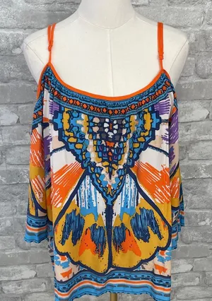 Flying Tomato colorful boho print semi sheer jewel tone cold shoulder top thumbnail 1