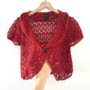 Vintage Y2K Crochet Bolero Shrug Red Buttons Collared Wrapper Indie Cottage S/M thumbnail 2