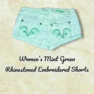 Women’s Mint Green Rhinestone Embroidered Shorts Blue Size 26 thumbnail 2