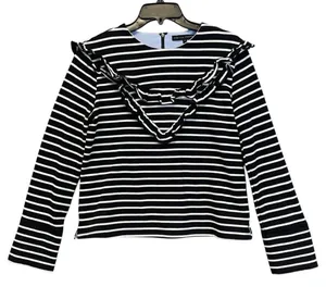 ENGLISH FACTORY Top Women's Small Black White Striped Ruffled‎ Trim Long Sleeve thumbnail 1