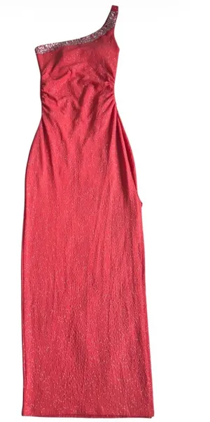 Windsor Light Coral Shimmer One-Shoulder Evening Gown with Side Slit – Size (S) thumbnail 1