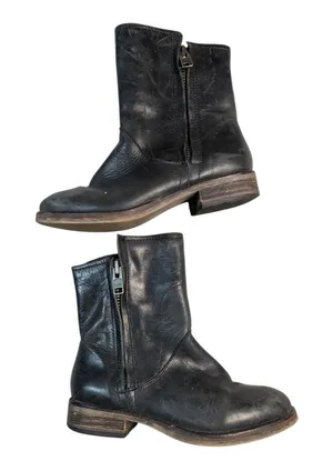 Hinge Sheldon Black Heavy Leather Double Zip Moto Biker Ankle Boots Sz 6.5 thumbnail 1