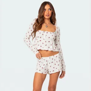 Edikted Floral Babydoll Long Sleeve Top Coquette Ribbed Bow Detail Size Medium thumbnail 2