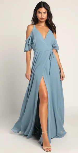 NWT Lulu's Easy Listening Slate Blue Cold-Shoulder Wrap Maxi Dress thumbnail 1