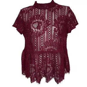 ANTHROPOLOGIE Wine Crochet and Lace Peplum‎ Hem Blouse NWOT Size XS thumbnail 2