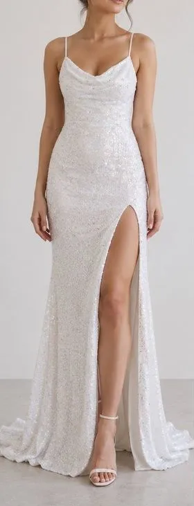 Sophia Thomas White Sequin Open Back Cut Out Prom Bridal Glam Maxi Gown Dress thumbnail 1