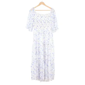 Sissyaki Blue Floral Smocked Midi Dress Square Neck Puff Sleeve Large thumbnail 6