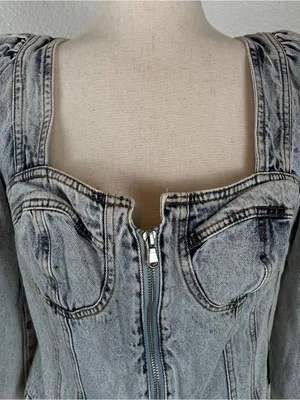VENUS‎ *Y2K Denim Corset Bustier Crop Top Women’s XL Zip Puff Sleeve Acid Wash thumbnail 4