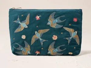 Elizabeth Scarlett Swallows Bird Rich Blue Velvet Embroidered Everyday Pouch New thumbnail 1
