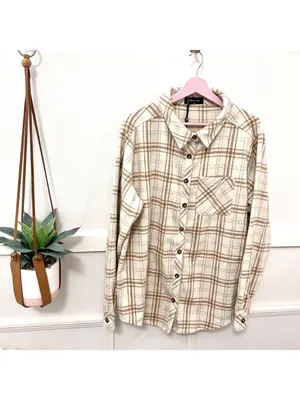 NWT White Fox I Think of You Plaid Flannel Shirt Size S/M Tan thumbnail 2