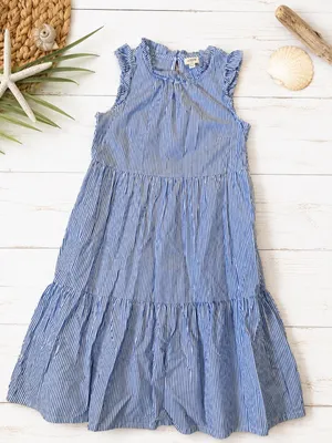 J.Crew Seersucker Coastal Blue White Stripe‎ Tiered Midi Dress Pockets 4P thumbnail 3