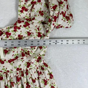 ASOS Design Floral Puff Sleeve Babydoll Mini Dress White Red Rose US 8 NEW thumbnail 4
