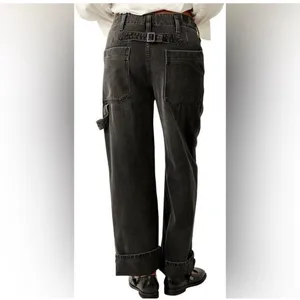 Free People We The Free Black Wash Major Leagues Cuffed Carpenter Utility Jeans thumbnail 6