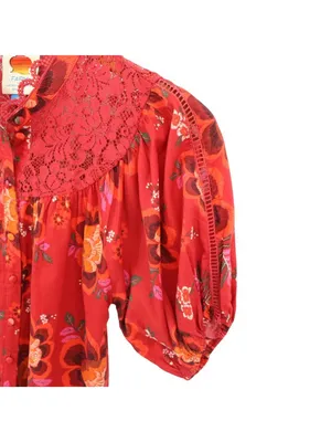 Anthropologie Farm Rio Giustina Lace Blouse Top Short Sleeve Floral Red XS thumbnail 5