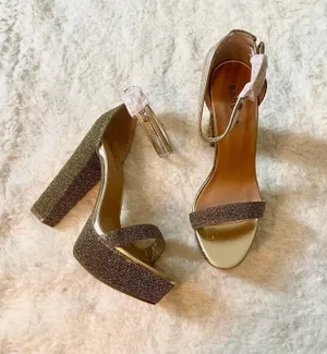 Bamboo Gold metallic glittery felt platform pump high heels with clear buckle straps thumbnail 1