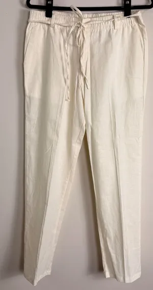Cream 100% Linen Straight Leg Pants Coastal Summer Trousers Womens Medium thumbnail 1