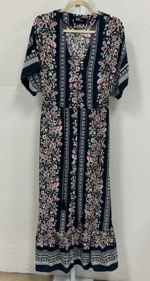 Minkpink Navy Floral Button Front Maxi Dress Boho Tassel Waist Pink Cream Medium thumbnail 1