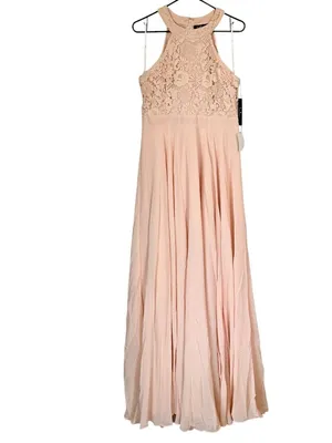 NWT Lulus Picture Perfect Blush Lace Halter Neck Side Slit Maxi Dress - Size: XL thumbnail 2
