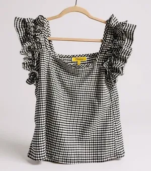 Gingham‎ Checkered Ruffle Top By Circus NY Size L Black Size L thumbnail 1