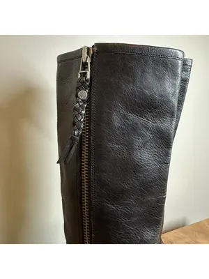 Lucky Brand Black Leather Knee High Boots Braided Zip Pull Block Heel Women's 6 thumbnail 2