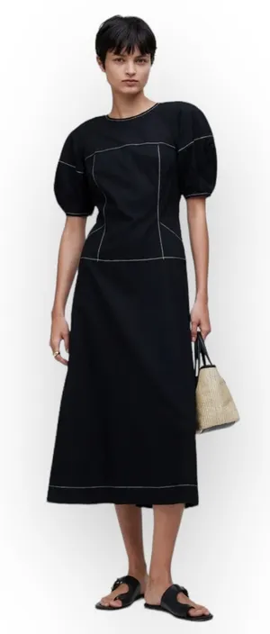 Madewell Jinni Puff-Sleeve Midi Dress Women's 0 Black Drop-Waist V-Back NWT thumbnail 1
