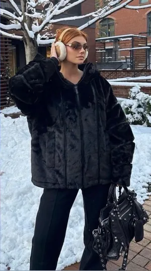 NWT Alo Yoga Knockout Faux Fur Hooded Oversized Jacket Black Size Small thumbnail 1