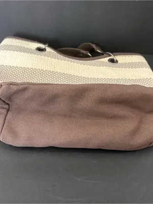 Thirty-One Canvas Crew Mini Taupe Straw Stripe Tote Bag Purse Beige Brown Bag thumbnail 11