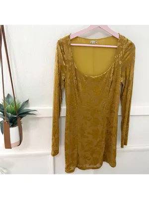 Free People Lotta Love Velvet Slip Mini Dress Size L Yellow 70s Boho Retro Indie thumbnail 2