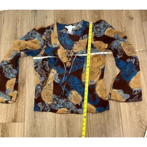 Vintage Y2K Floral Mesh Top Brown Blue Lace Up Bell Sleeve Sheer Blouse Size 7 thumbnail 6