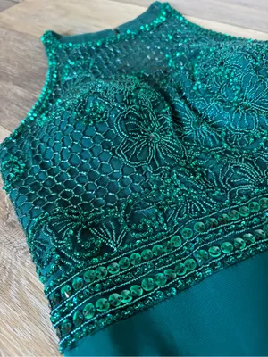 Sherri Hill Teal Beaded Halter Prom Gown with Side Slit thumbnail 6