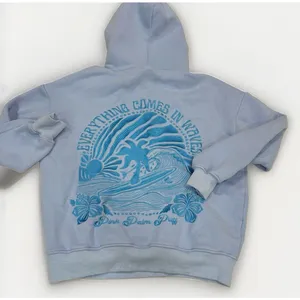 Pink Palm Puff Hoodie Womens Size Small 'Everything Comes In Waves' Blue thumbnail 2