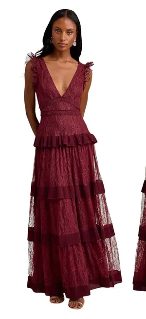 Lulus Marvelous Darling Burgundy Ruffled Tiered Maxi Dress size XS NWT thumbnail 1