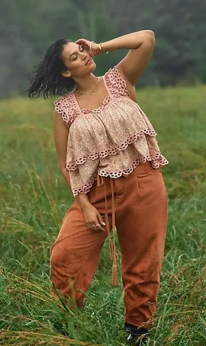 Anthropologie Let Me Be Eyelet Tiered Swing Top Blush Romantic Boho Cottagecore thumbnail 1