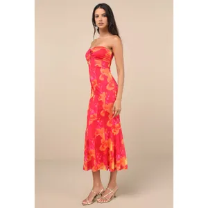 NWT Lulus Islay Hot Pink Floral Abstract Mesh Strapless Midi Dress Cruise Sz XL thumbnail 8