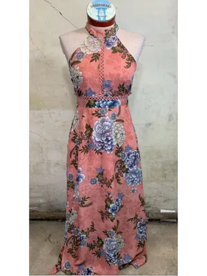 Miami maxi Dress Large Peach with Blue Yellow Floral Halter Crochet Derails thumbnail 12
