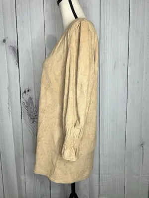 Aryeh Tunic Top Faux Suede Tan Camel V-Neck Smocked Ruffle Cuff Sz L Boho Chic thumbnail 5