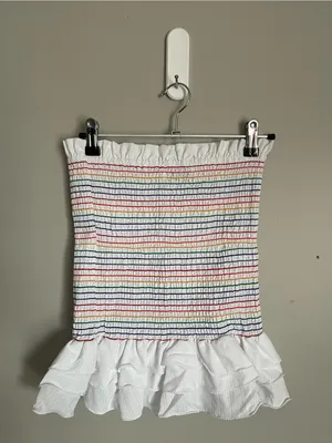 DO+BE White Smocked Mini Skirt with Multicolor Stripe Detail Sz S thumbnail 4