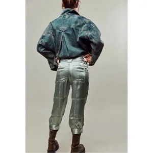 NEW Free People Ryder Pants L Metallic Silver Satin Moto Crop Vegan Shiny Green thumbnail 6