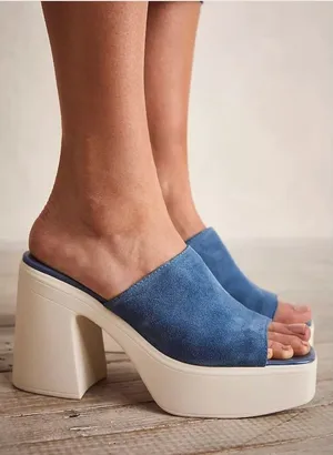 Free People Zoe Platform Sandals 39 Blue Suede Chunky Block Heel Square Toe Mule thumbnail 1