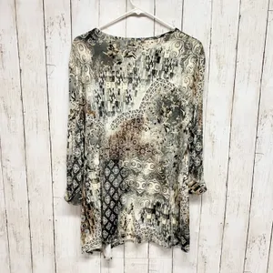 N Touch Patchwork Print Tunic Womens Size L Brown Grey 3/4‎ Sleeve Knit Top thumbnail 7