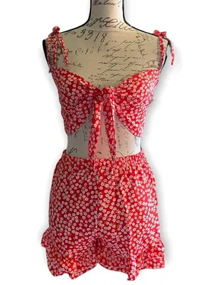 Red & White Cotton Blend Tank Shorts Set Small NEW thumbnail 1