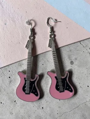 Electric guitar silver plated pink‎ dangle drop earrings faux fashion jewelry thumbnail 2