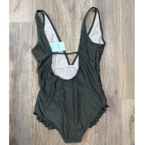 Cupshe Sweet Smile Solid One Piece Swimsuit Dark Green Ruffle Trim V-Neck Medium thumbnail 5