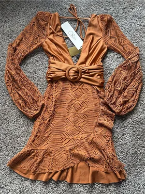 PatBO Rust Crochet Long-Sleeve Mini Dress with Belt thumbnail 2