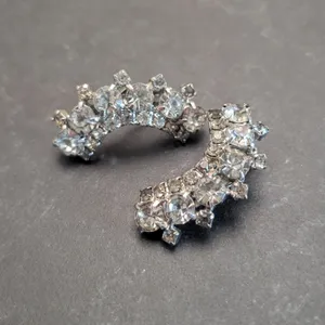 Vintage Clip On Earrings Large Curved Silver Tone & Clear Gems - Statement Glam thumbnail 6